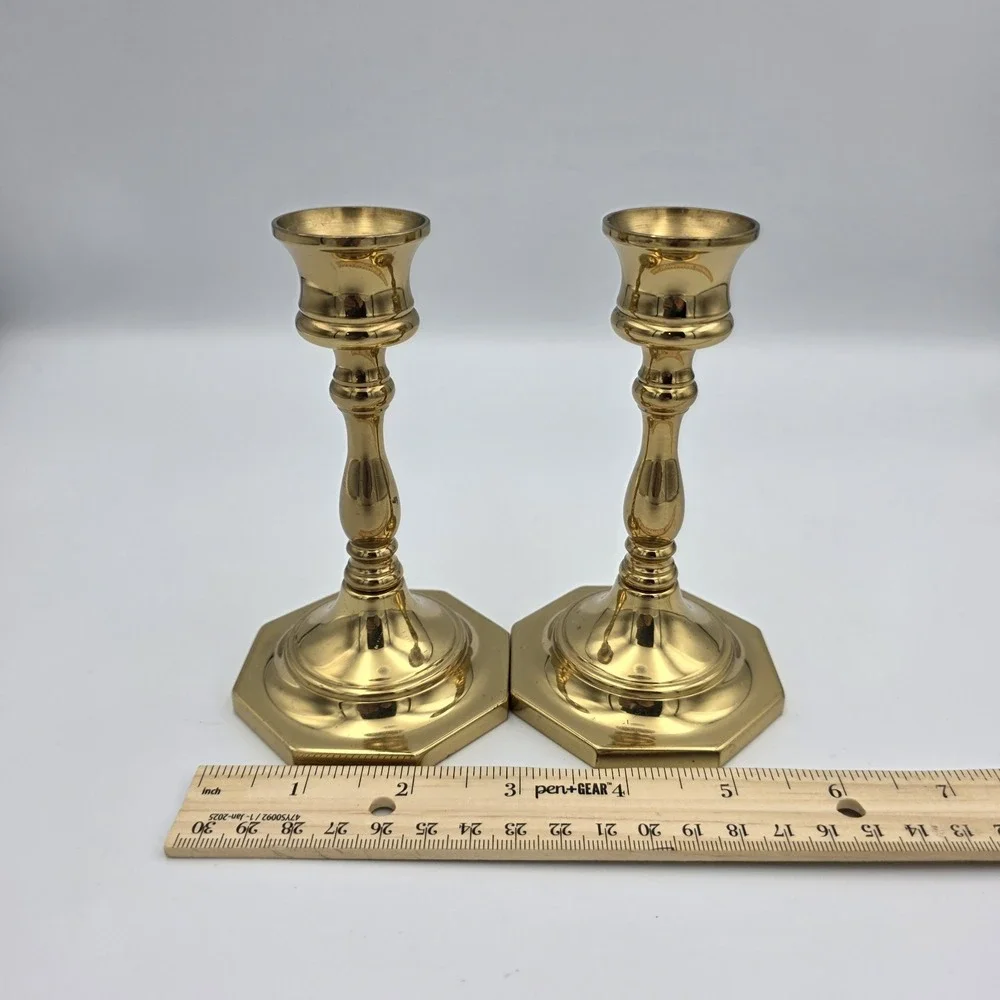 Vintage Octagon Base Pair Of Candlesticks  Polished Brass 5